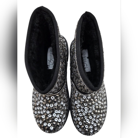 ROUGE Faux Fur Lined Studded Rhinestone Platform Ankle Boots Size 8 Black Silver - Picture 2 of 16